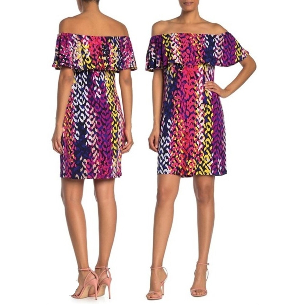 Trina Turk Off‎ the Shoulder Short Dress, #194511 Multi-color Travel NWT $128